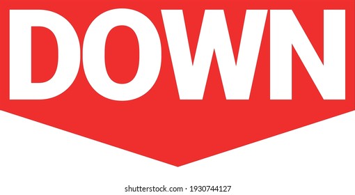Red lettering logo DOWN on a white background. Down arrow. Decrease vector icon. Color vector illustration