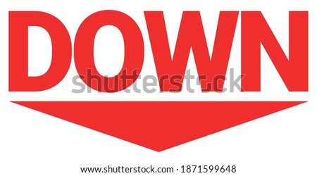Red lettering logo DOWN on a white background. Down arrow. Decrease vector icon. Color vector illustration