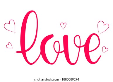 Red lettering Love, surrounded by hearts on a white isolated background. Vector illustration.