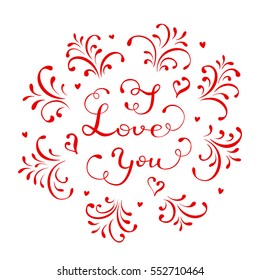 Red lettering I Love You on white background with hearts and ornate elements, Valentines day background, illustration.
