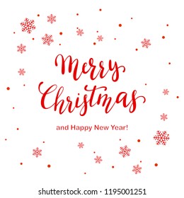 Red lettering Merry Christmas and Happy New Year with snowflakes and dots on white background, illustration.