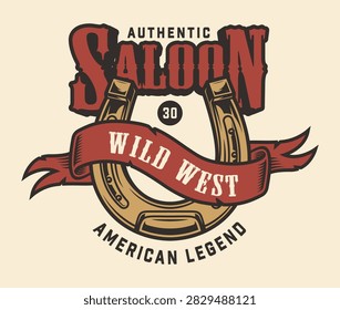 Red lettering proclaims authentic Western spirit. Horseshoe arches above a bold red banner. Text declares 