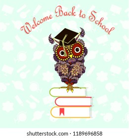 Red lettering Welcome back to school, cartoons cute owl, books design element stock vector illustration for web, for print