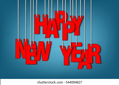 Red letters happy new year hanging on a ropes on a blue background. Vector illustration