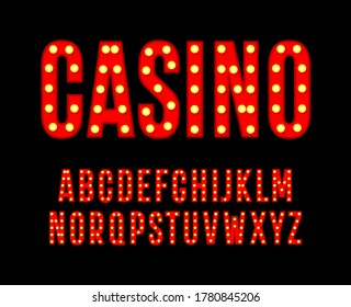 Red letters with light bulbs. Tall and narrow alphabet. Font for cinema casino poster, carnival and festival decoration, gambling night club logos. Vector typography design