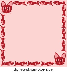 Red licorice cats frame with red gum fish on a pink background