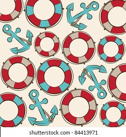 Red life buoy and anchor on background. Vector Illustration