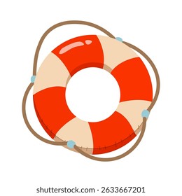 Red life buoy. Rescue belt, inflatable rubbers lifebuoy ring with rope for help and safety of life drowning vector flat cartoon illustration isolated  on white. Summer floating swim rings top view.