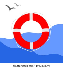 Red lifebuoy on a background of blue sea waves with seagulls behind