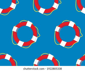 Red lifebuoy on blue background seamless pattern. Vector illustration.