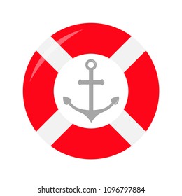 Red lifebuoy ring Ship anchor icon. Life buoy round circle for safety at sea ocean water. Nautical sign symbol. Flat deisgn. White background. Isolated. Vector illustration