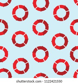 Red lifebuoy seamless pattern over light blue background. Vector illustration