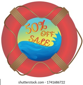 Red lifebuoy vector illustration isolated on white background. Summer sale. Sale. 50% off sale.
