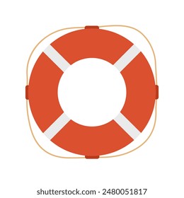 Red lifebuoy with white stripes and rope. Life preserver, protection and rescue equipment. Vector flat illustration isolated on white background