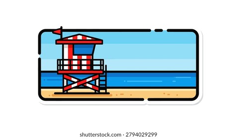 Red lifeguard tower on sandy beach