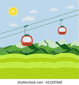 Red Lift Gondolas moving in green summer Mountains