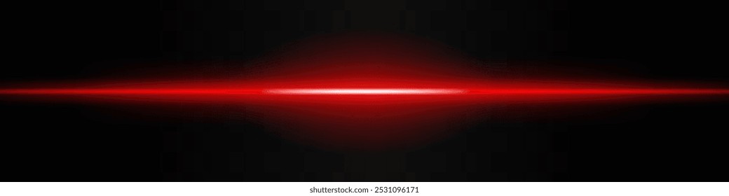 Roter Lichtstrahl. Ein scharfer horizontaler violetter Strahl mit einem hellen Zentrum, der auf beiden Seiten in Dunkelheit verblasst. Ideal für Science-Fiction-Designs, leichte Übergänge oder futuristische Effekte.