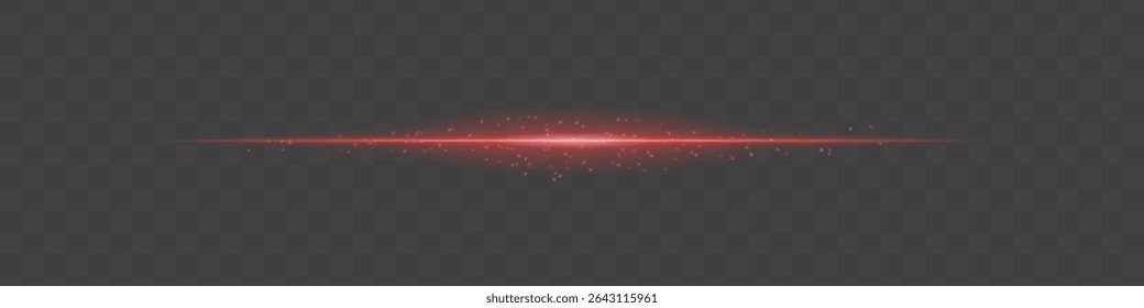 Red light beam with sparkling dust particles on transparent background. Radiant horizontal flare evokes magic, luxury, and cinematic glow ideal for fantasy scenes or festive transitions.