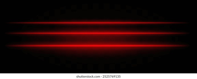 Red light beams. Three horizontal red and orange glowing beams with a bright center and fading edges on a dark background. Suitable for futuristic, sci-fi, or tech-themed designs.
