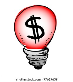 Red light bulb with dollar symbol inside. Sketch vector icon