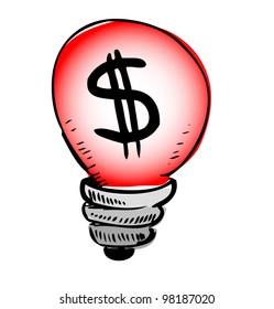 Red light bulb with dollar symbol inside. Sketch vector icon
