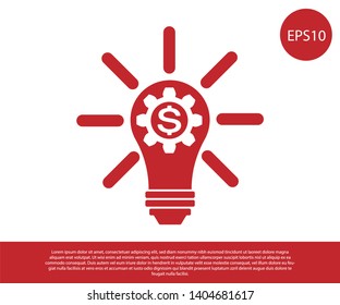 Red Light bulb with gear inside and dollar symbol icon isolated on white background. Fintech innovation concept. Vector Illustration