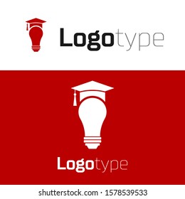 Red Light bulb and graduation cap icon isolated on white background. University Education concept. Logo design template element. Vector Illustration