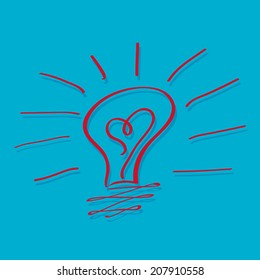 a red light bulb with a heart inside it in a blue background