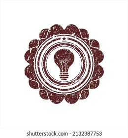 Red light bulb icon inside distressed rubber grunge texture seal. 