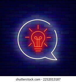 Red light bulb in speech bubble neon label. Idea and motivational concept. Electric shop. Shiny simple sign. Creative design. Glowing banner. Luminous symbol. Brainstorm. Vector stock illustration