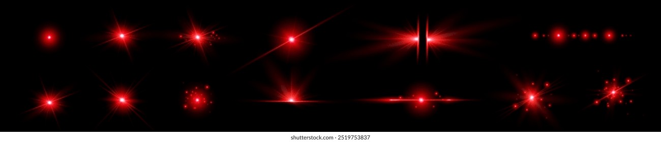 Red light  effect reflections, neon illumination in red colors. Bright light lens. Police light effects, lines. Shiny stars, glowing sparks on a black background. Vector