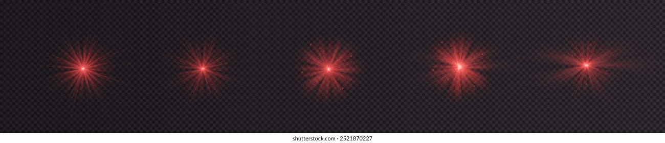 Red light effect reflections, neon illumination in red colors. Bright light lens. Police light effects, lines. Shiny stars, glowing sparks on a black background. Vector	