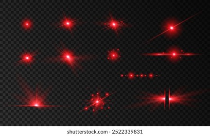 Red light  effect reflections, neon illumination in red colors. Bright light lens. Police light effects, lines. Shiny stars, glowing sparks on a black background. Vector