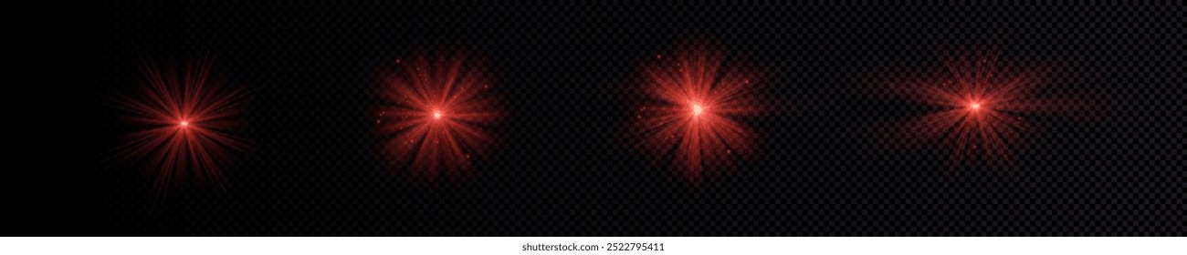 Red light effect reflections, neon illumination in red colors. Bright light lens. Police light effects, lines. Shiny stars, glowing sparks on a black background. Vector	