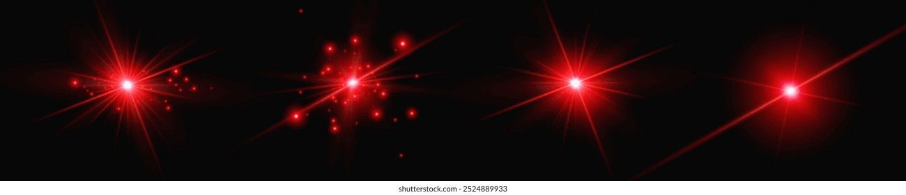 Reflexões de efeito de luz vermelha, iluminação de néon em cores vermelhas. Lente clara brilhante. Efeitos de luz policial, linhas. Estrelas brilhantes, faíscas brilhantes sobre um fundo preto. Vetor