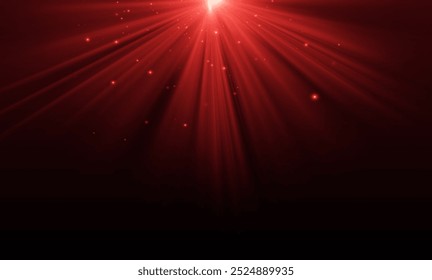 Red light effect reflections, neon illumination in red colors. Bright light lens. Police light effects, lines. Shiny stars, glowing sparks on a black background. Vector	