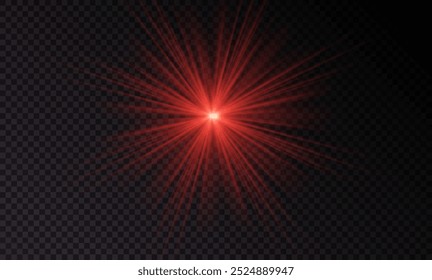 Red light effect reflections, neon illumination in red colors. Bright light lens. Police light effects, lines. Shiny stars, glowing sparks on a black background. Vector	