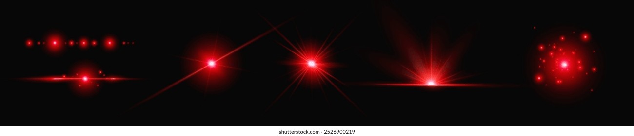 Red light  effect reflections, neon illumination in red colors. Bright light lens. Police light effects, lines. Shiny stars, glowing sparks on a black background. Vector