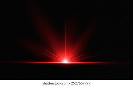 Red light  effect reflections, neon illumination in red colors. Bright light lens. Police light effects, lines. Shiny stars, glowing sparks on a black background. Vector