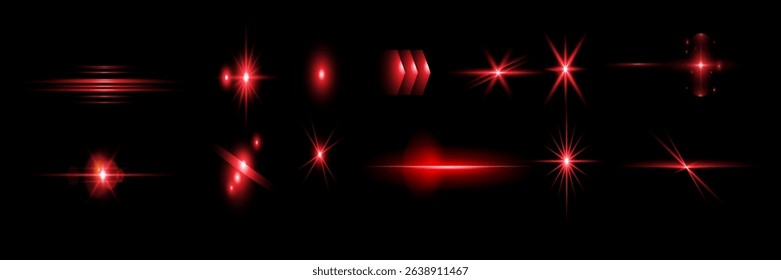 Red light effect reflections, neon illumination in red colors. Bright light lens. Police light effects, lines. Shiny stars, glowing sparks on a black background. Vector