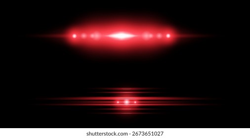Red light effect reflections, neon illumination in red colors. Bright light lens. Police light effects, lines. Shiny stars, glowing sparks on a black background.
