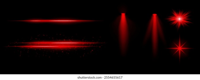 Red light effects set. Glowing streaks, sparkles, spotlight beams, vibrant starbursts, bright blue illumination, decorative particles, futuristic design, abstract lighting.