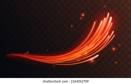 Red light energy glowing motion lines, waves, curved shining abstract light effect vector illustration. Magic speed flying trails of shine, bright shimmer particles fly transparent dark background