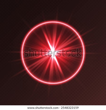 Red light flare, glowing shiny sparkle, lens flare effect, bright glimmering glare. Vector illustration.