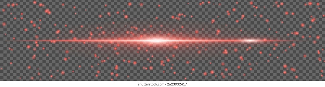 Red light flare with sparkling particles and motion glow on transparent background. Horizontal energy beam for design and VFX.