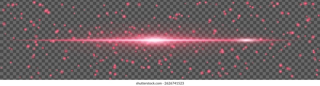 Red light flare with sparkling particles and motion glow on transparent background. Horizontal energy beam for design and VFX.