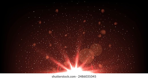Red light flash effect with shine glow rays on black horizontal background. Flare of light with rays beams in dark space. Bright spark shining vector illustration.