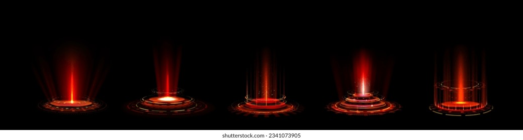 Red light game circle portal with hologram effect. Ui vector teleport podium with magic glow and hud fantasy futuristic element. Cyber abstract vortex round laser pedestal for product display.