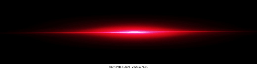 Red light horizontal light beams. Bright light lens. Shiny stars, glowing sparks on a black background. Vector Eps 10