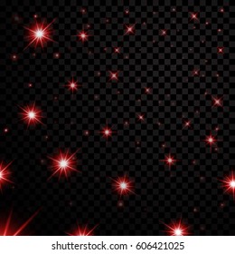 Red light stars on black transparent background. Abstract bokeh glowing design. Shine bright elements. Shiny fantasy glow in dark. Vector illustration